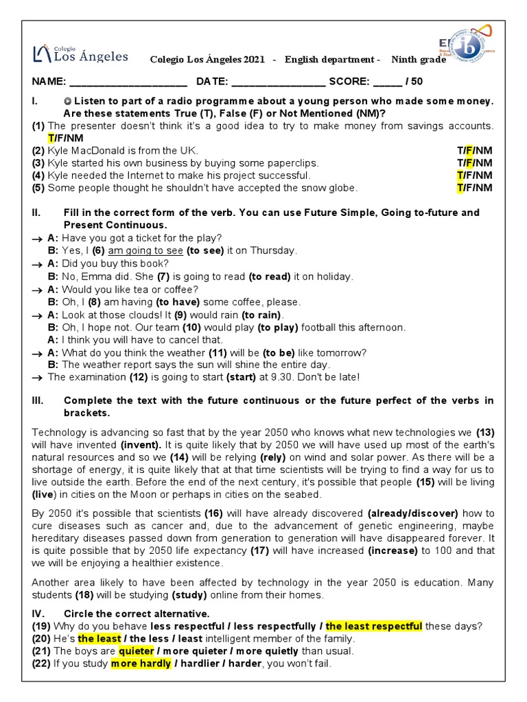 5 English BIMESTRAL Test 9th Grade - Second Term RECU | PDF