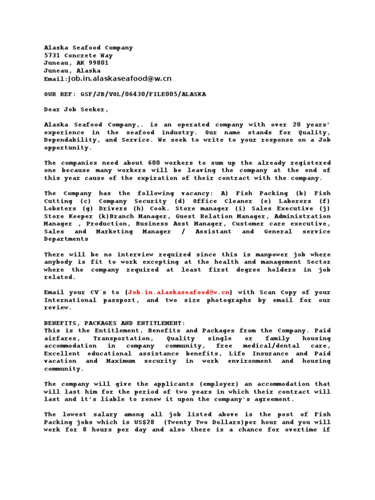 Alaska Seafood Company PDF Employment Business