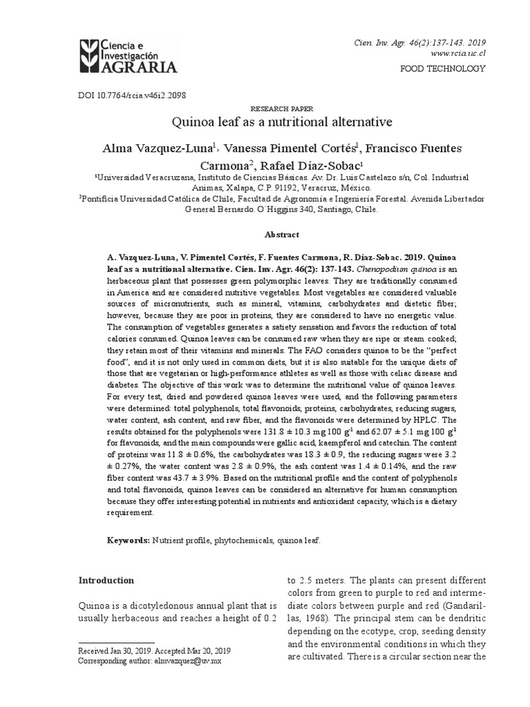 Quinoa Leaf As A Nutritional Alternative. Alma Vazquez Luna 2019 PDF