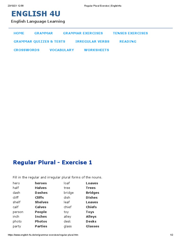 Regular Plural Exercise English4u PDF Language Mechanics Morphology