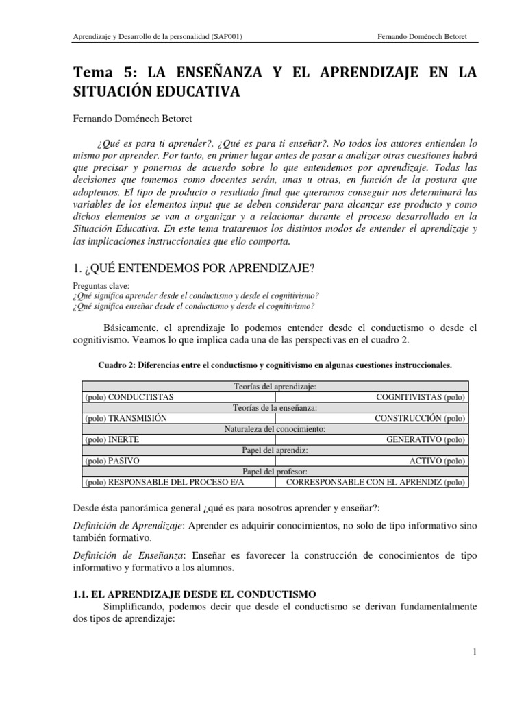 La Enseñanza y El Aprendizaje en La Situación Educativa | PDF ...