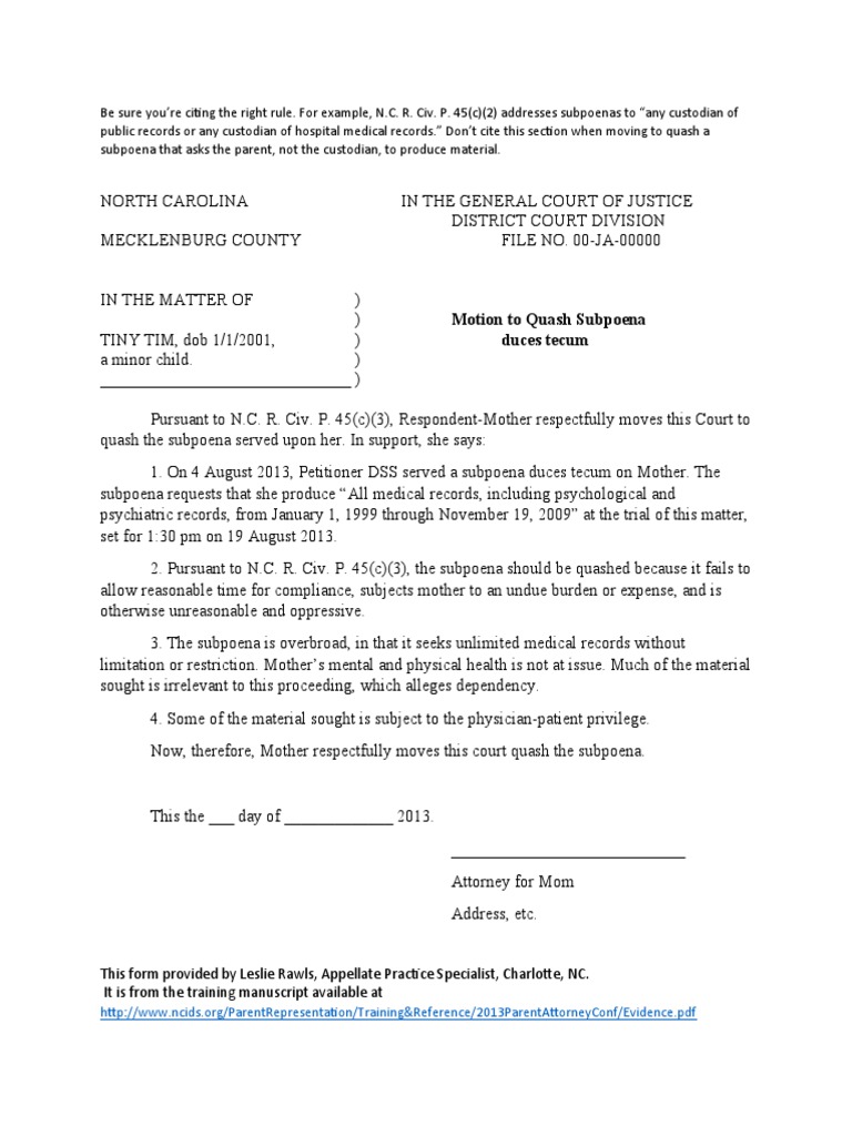Motion To Quash Subpoena Duces Tecum PDF