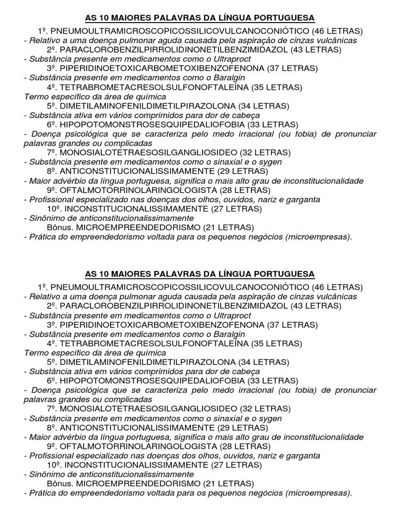 As 10 Maiores Palavras Da Língua Portuguesa | PDF | Remédio | Ciências ...