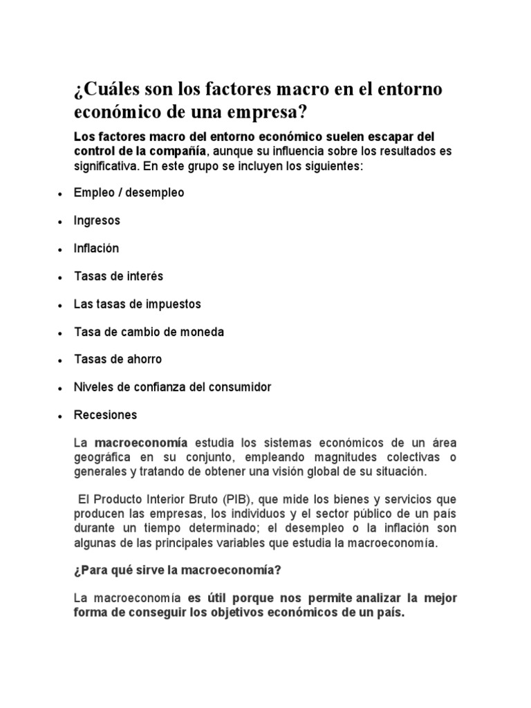 Cuáles Son Los Factores Macro en El Entorno Económico de Una Empresa ...