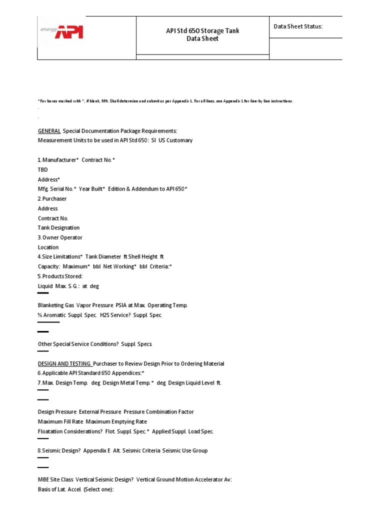 API 650 Tank Data Sheet | PDF | Roof | Pipe (Fluid Conveyance)