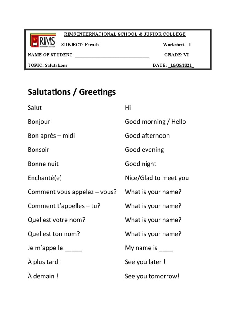 Worksheet sur les Salutations Françaises | PDF