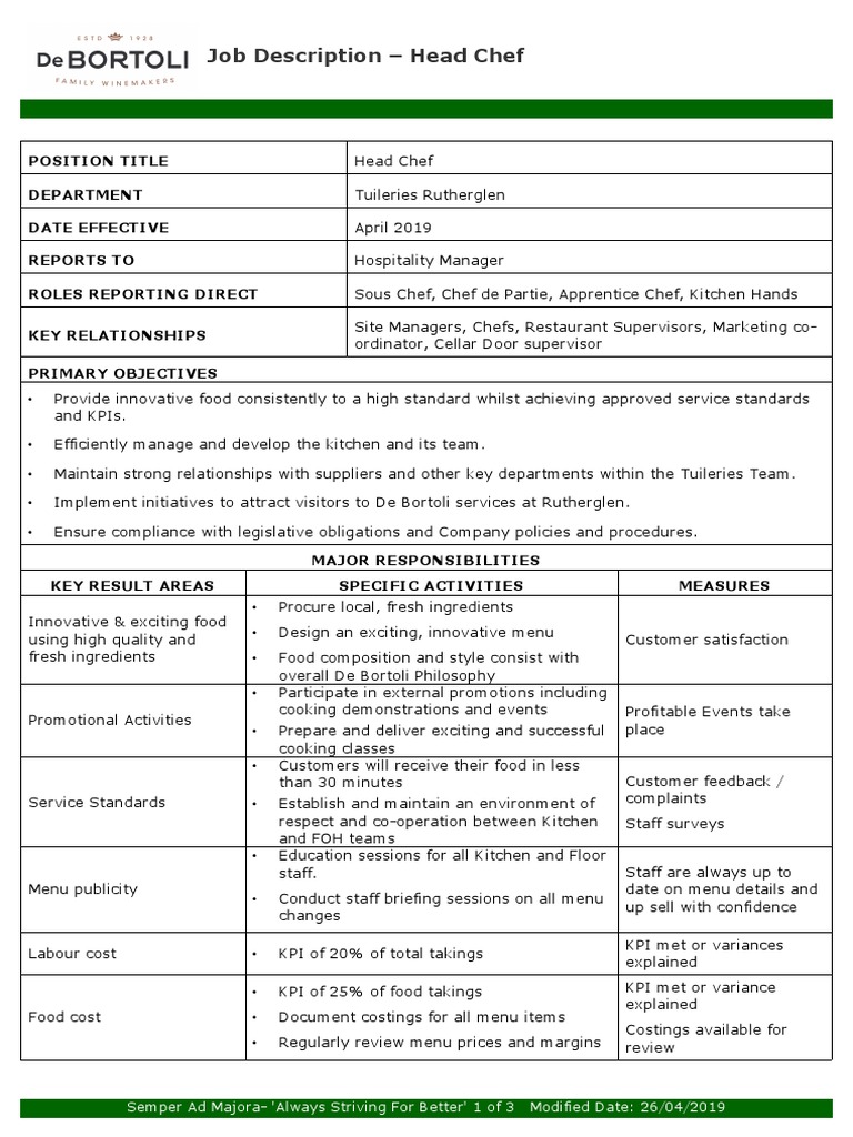 Job Description - Head Chef | PDF | Foods | Performance Indicator