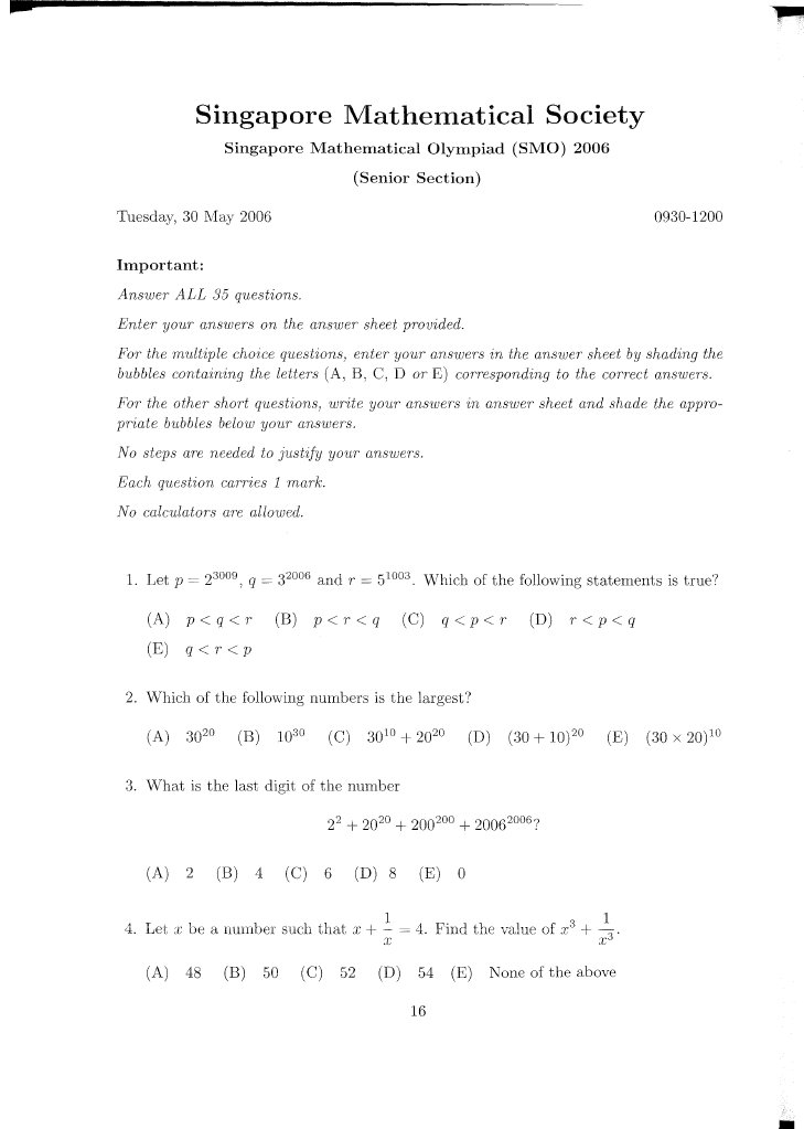 Singapore Mathematical Olympiad 2006 Senior Section | PDF