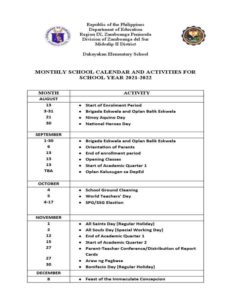 SAMPLE School Calendar of Activities 20212022 PDF Traditions Christian Festivals And Holy