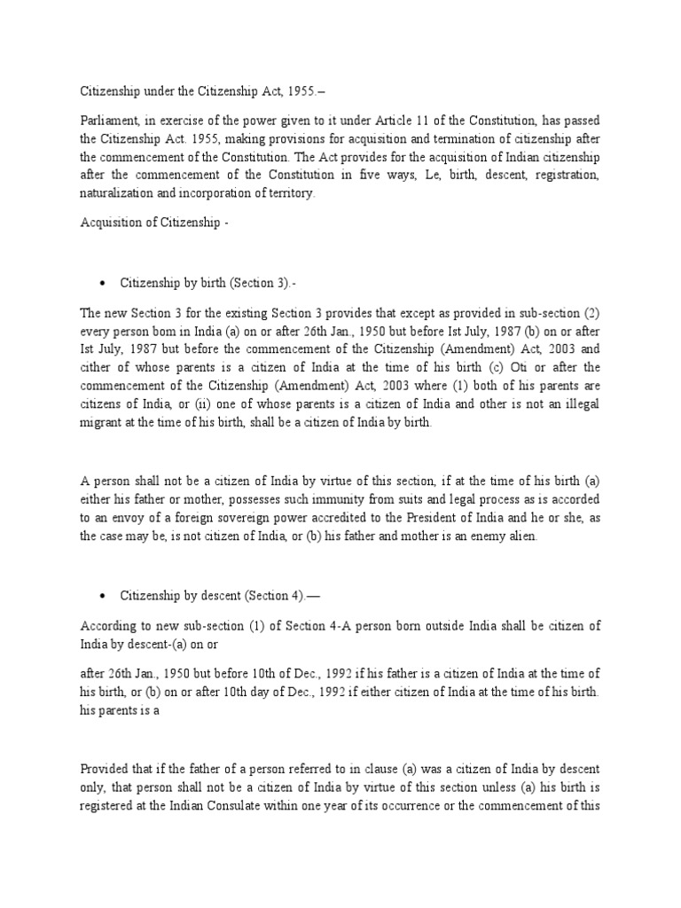 Understanding Indian Citizenship Act 1955 | PDF | Naturalization ...