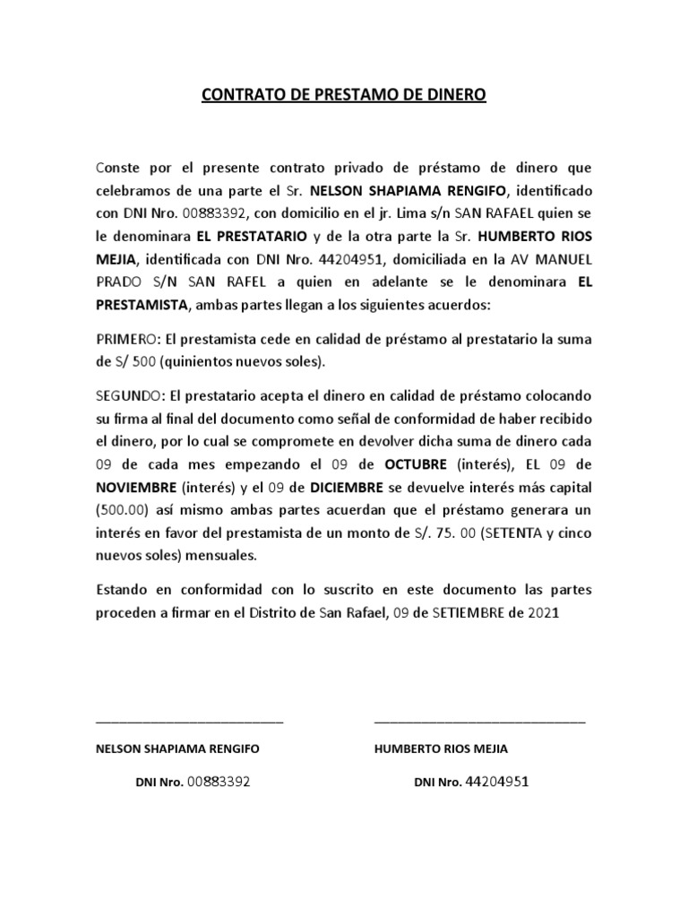 Contrato de Préstamo de Dinero S/500 | PDF