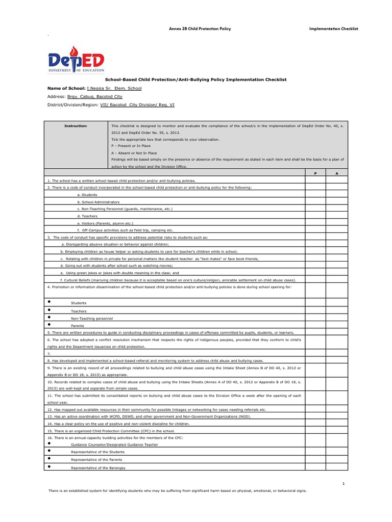 SchoolBased Child Protection/AntiBullying Policy Implementation