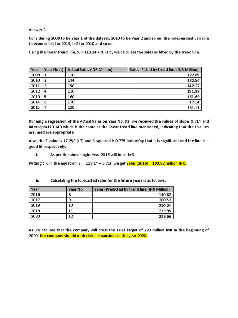 Sales Forecasting Using Linear Trend Analysis | PDF