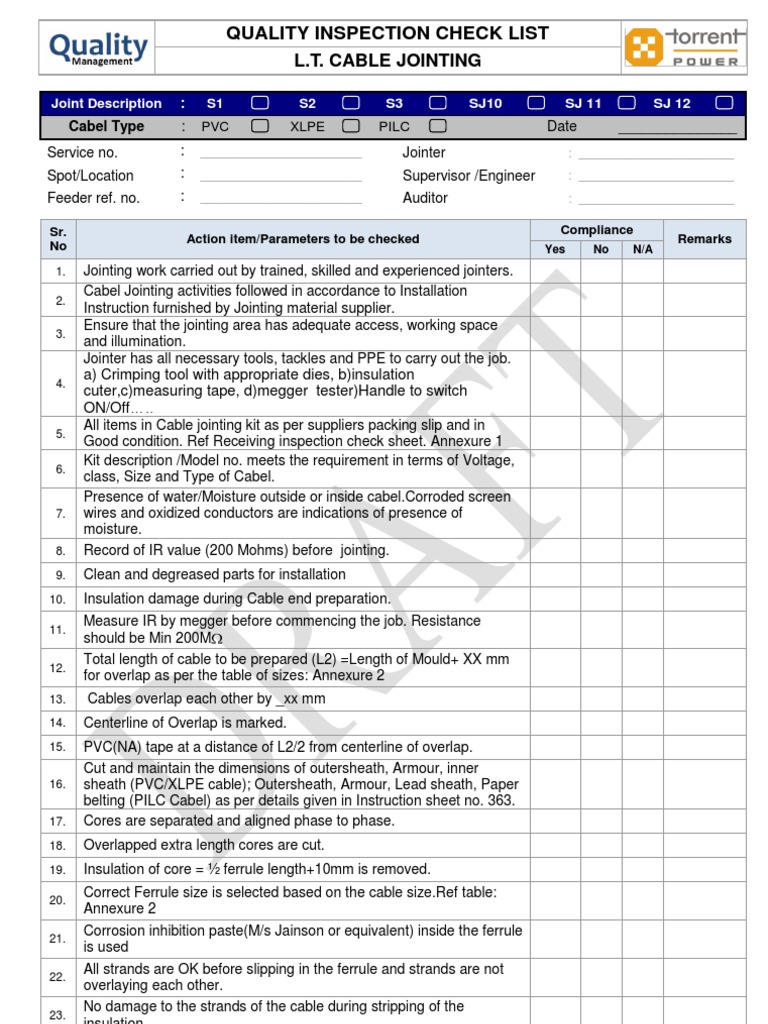 L.T. Cable Jointing Quality Checklist | PDF | Insulator (Electricity ...