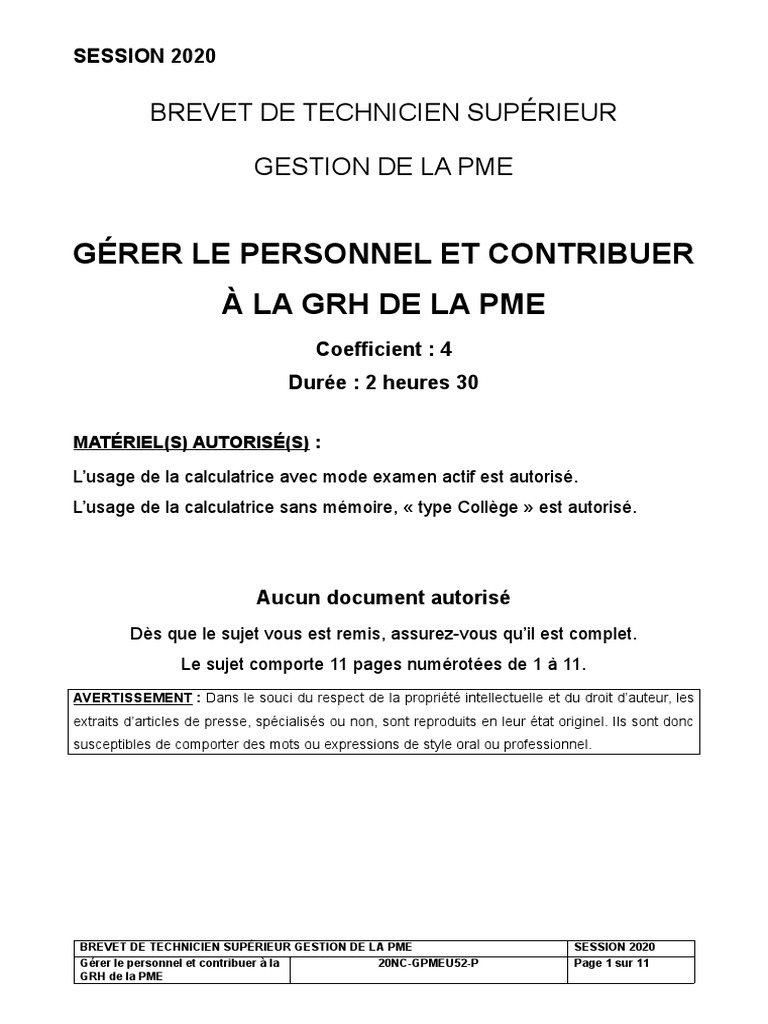 Corrige Bts Gestion De La Pme 2020 Bts Gpme E52 NC 2020 | PDF | Gestion des ressources humaines | Recrutement