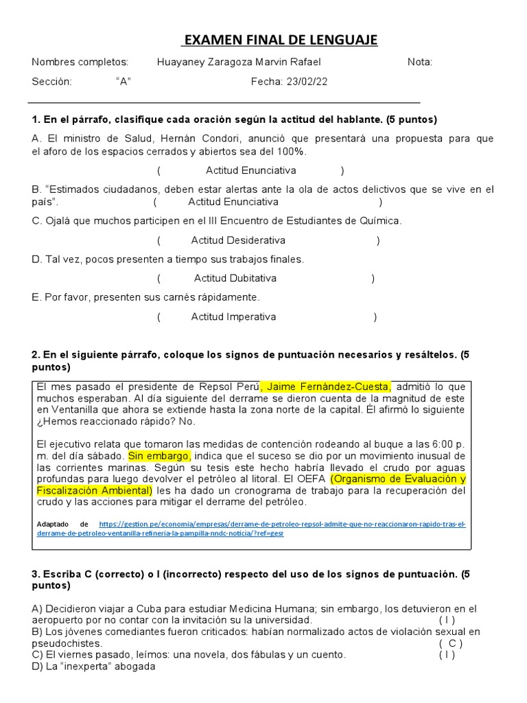 Examen Final de Lenguaje 2022 | PDF