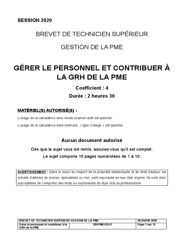 Annales Bts Gpme Bts Gpme E52 Sujet 2020 | PDF | Recrutement | Salaires