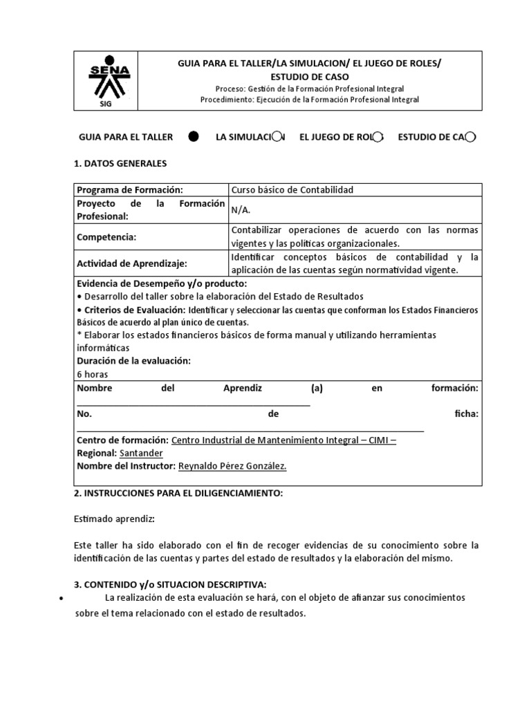 Taller Contabilidad: Estado de Resultados | PDF | Evaluación | Estado ...