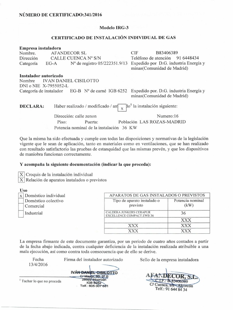 Certificado de Instalación Individual de Gas