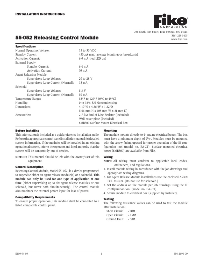 55-052 Releasing Control Module: Installation Instructions | PDF ...