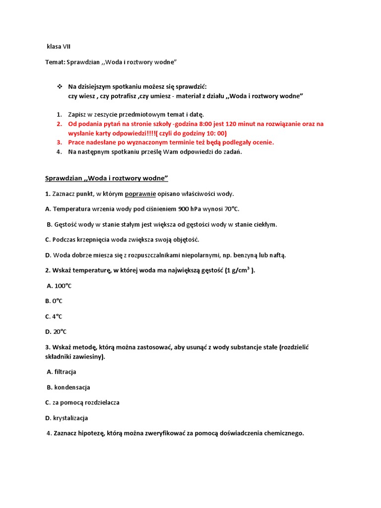Sprawdzian Z Chemii Klasa 7 Woda I Roztwory Wodne