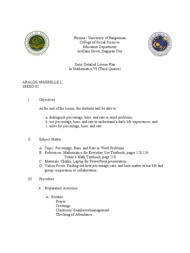 Semi-Detailed LP in Mathematics | PDF | Mathematics | Percentage