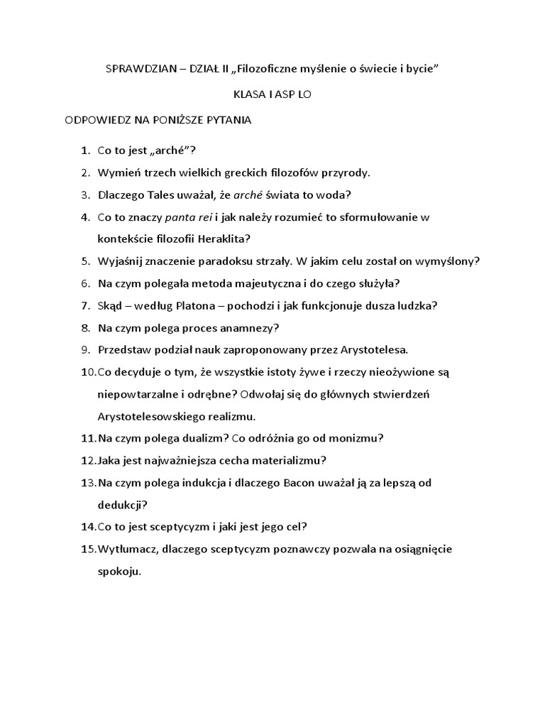 Filozofia SPRAWDZIAN Dział II LO PDF