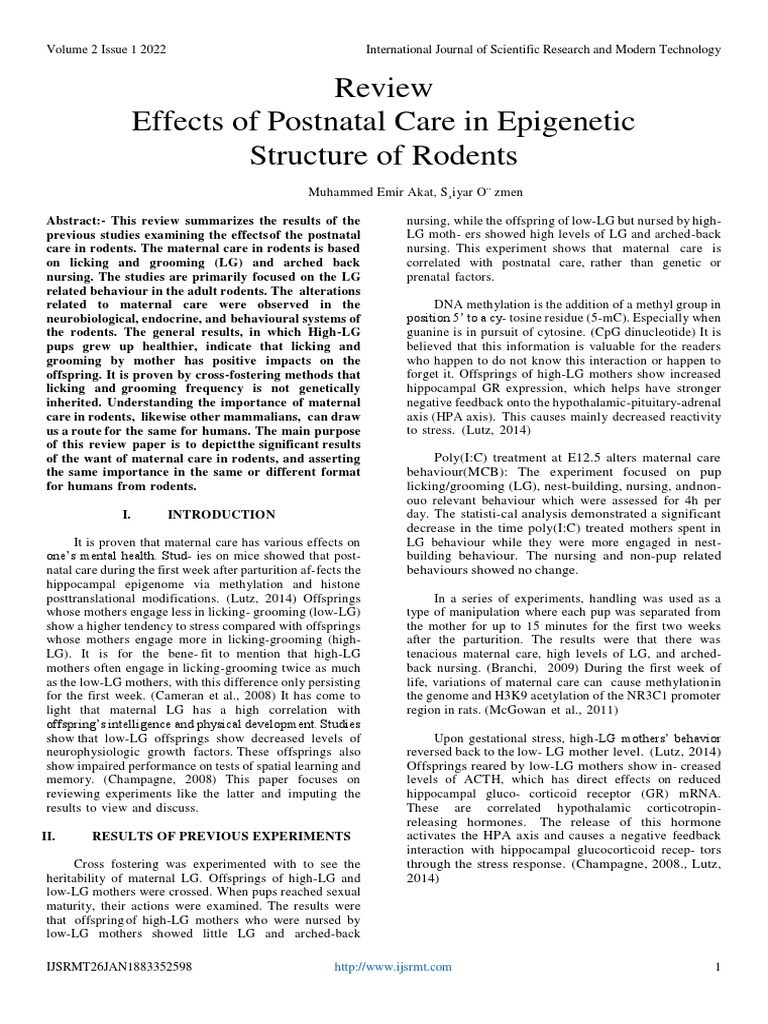 Review Effects of Postnatal Care in Epigenetic Structure of Rodents ...