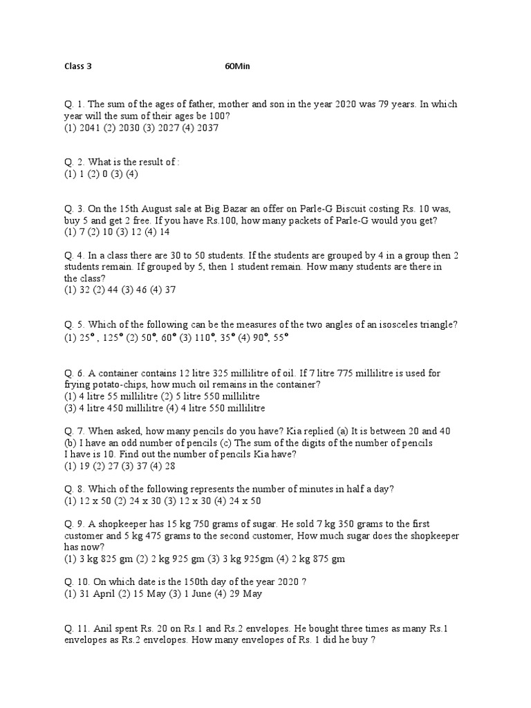 IPM Mega Final Papers for Std 3 | PDF | Litre | Triangle