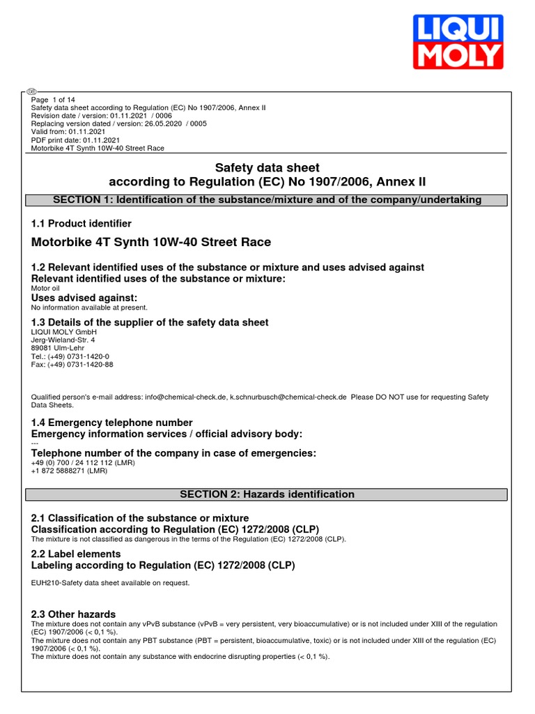 Safety Data Sheet According To Regulation (EC) No 1907/2006, Annex II