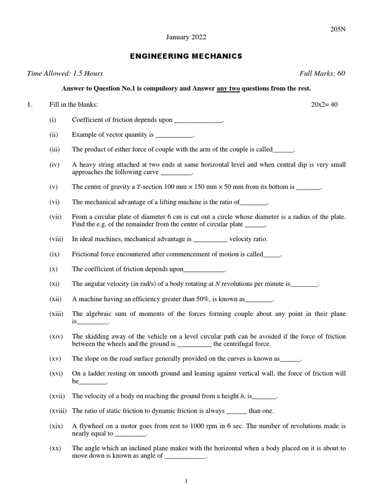 Engineering Mechanics Exam Questions | PDF | Force | Velocity