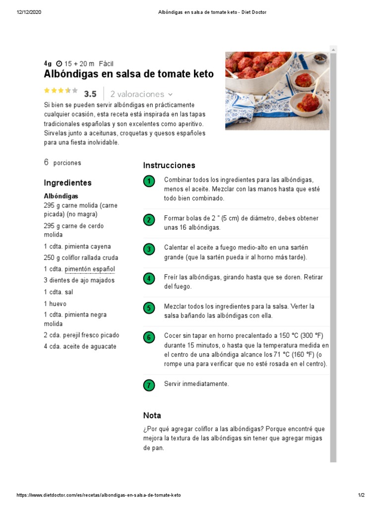 Albóndigas en Salsa de Tomate Keto Diet Doctor PDF Salsa Aceite