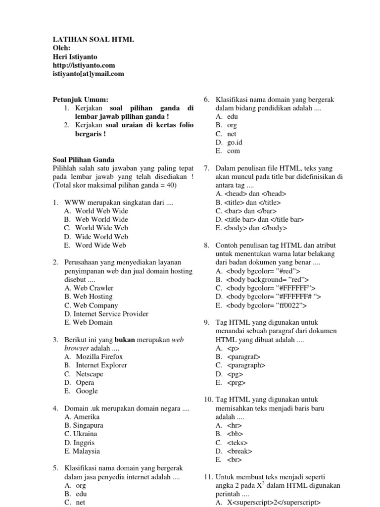 Soal Latihan Dasar HTML | PDF