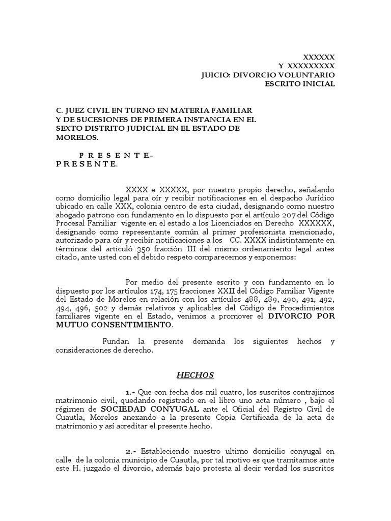 Solicitud de divorcio voluntario por mutuo acuerdo y convenio sobre