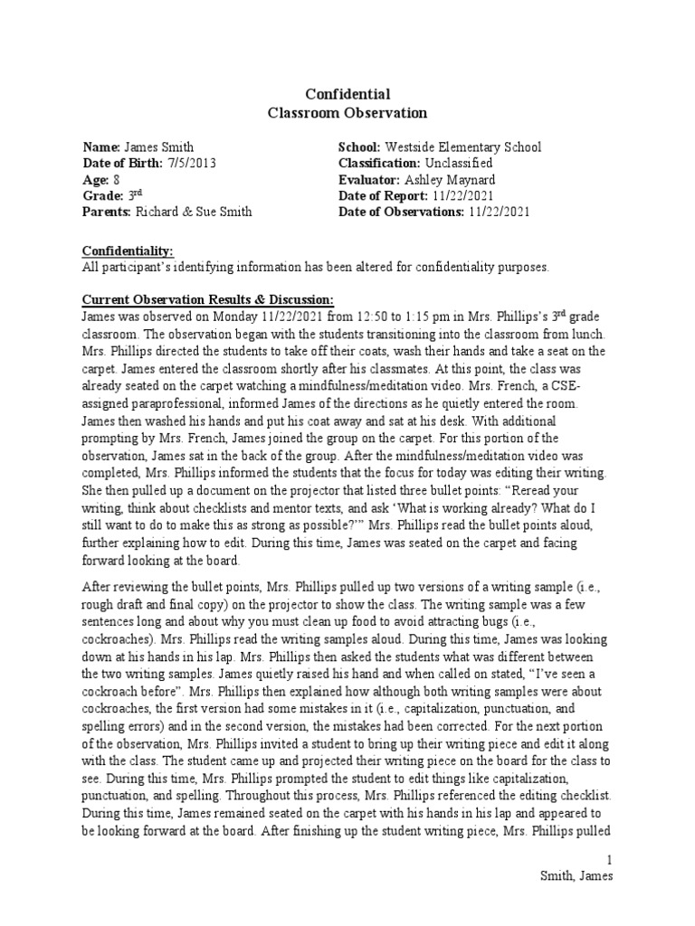 Classroom Observation Report for James Smith | PDF | Classroom | Teachers