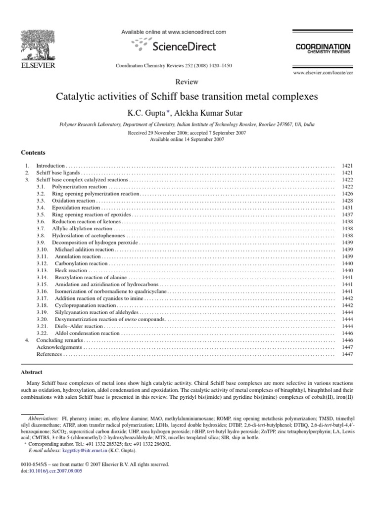 Catalitic Activities of Schiff Base Complex | PDF | Coordination ...