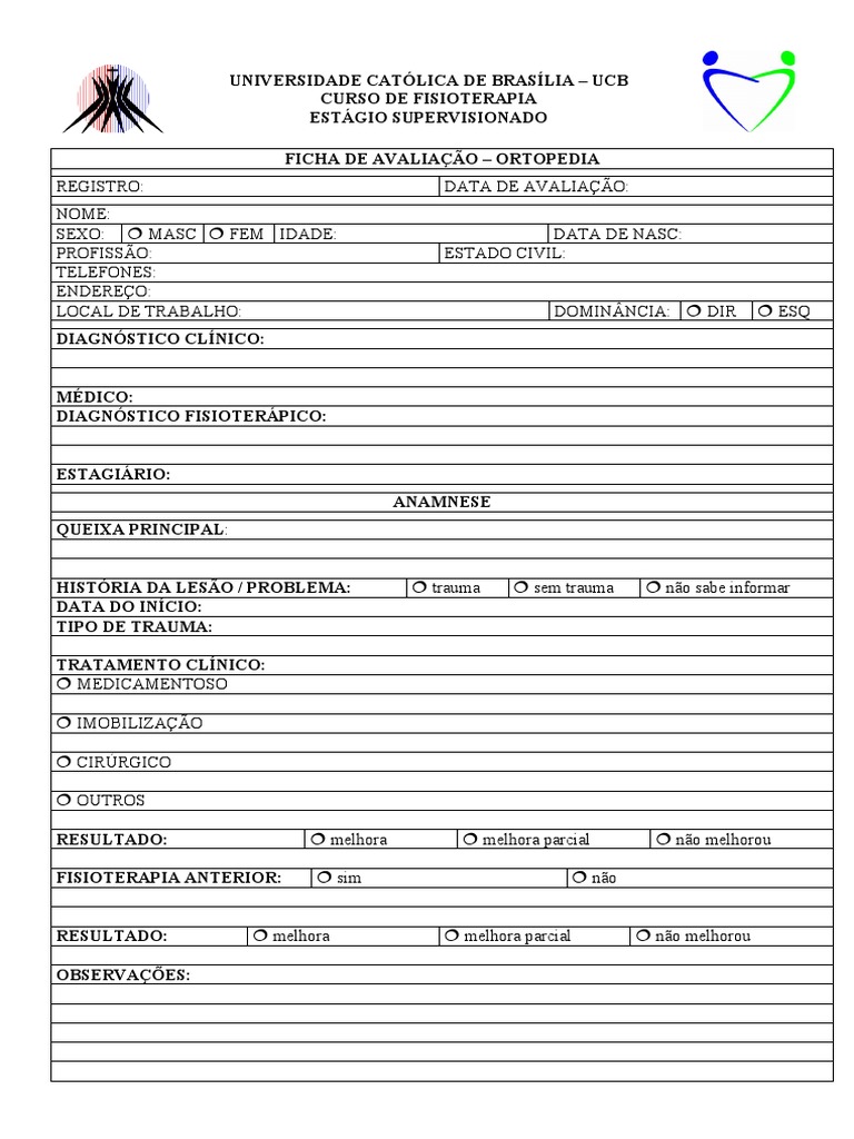 Ficha de avaliação traumato-ortopédica de fisioterapia da faculdade  Pitágoras - Ficha de Avaliação - Studocu