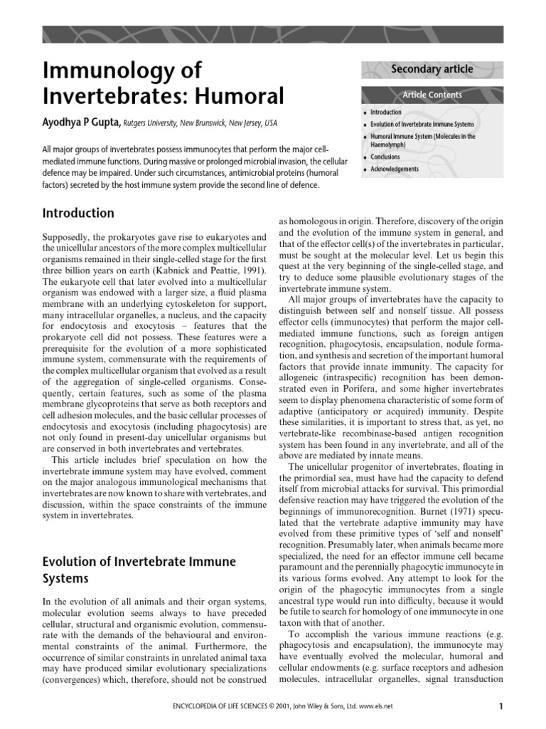 Immunology of Invertebrates: Humoral: Ayodhya P Gupta | PDF | Immune