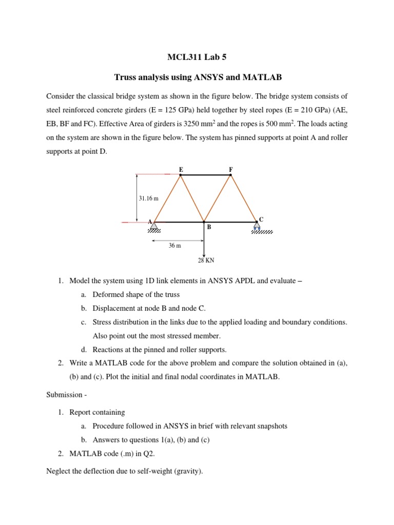 MCL311 Lab 5 Truss Analysis Using ANSYS and MATLAB | PDF