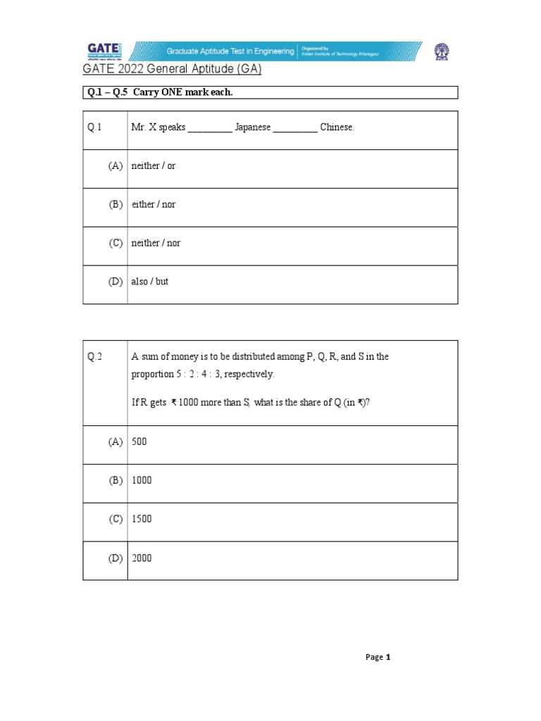 GATE 2022 General Aptitude Questions | PDF | Field Effect Transistor ...