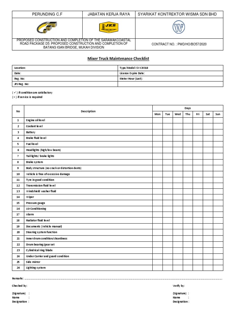 Mixer Truck Maintenance Checklist PDF Truck Private Transport
