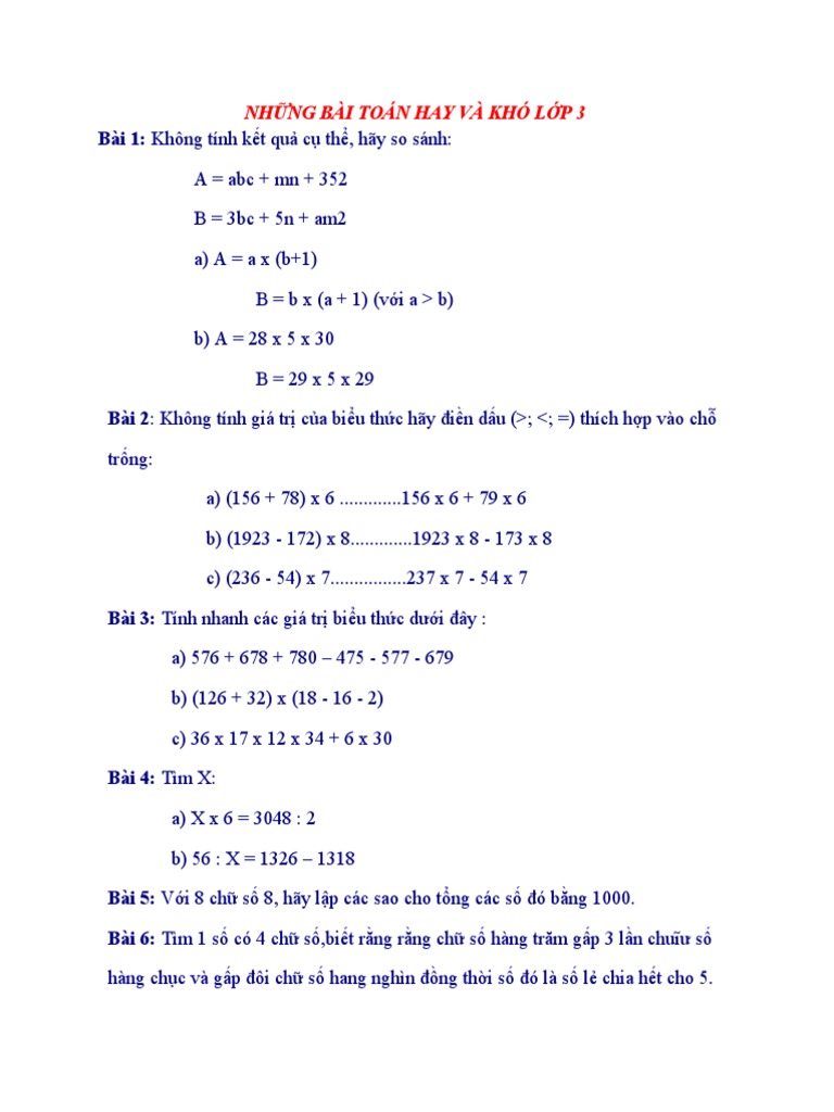 Nhung Bai Toan Hay Va Kho Lop 3 | PDF