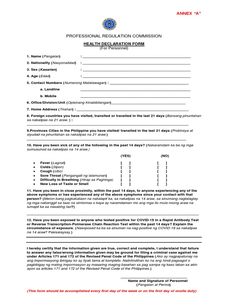 PRC Annex A Health Declaration Form PDF Clinical Medicine