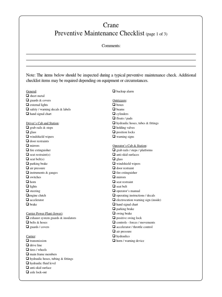 Crane Preventive Maintenance Checklist | PDF | Crane (Machine ...
