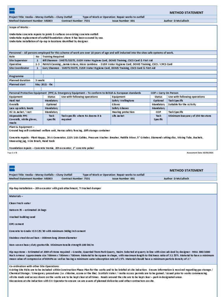 Cluny Outfall Repair Method Statement | PDF | Concrete | Personal ...