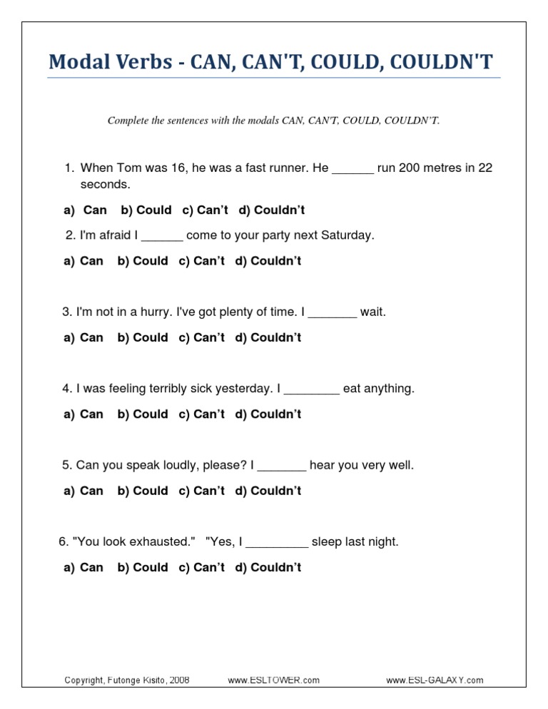 Can Can T Couldn T Could Quiz Pdf