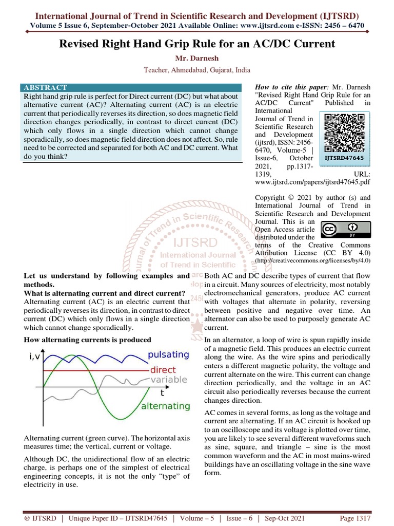 Revised Right Hand Grip Rule For An AC DC Current PDF Alternating Current Electric Current