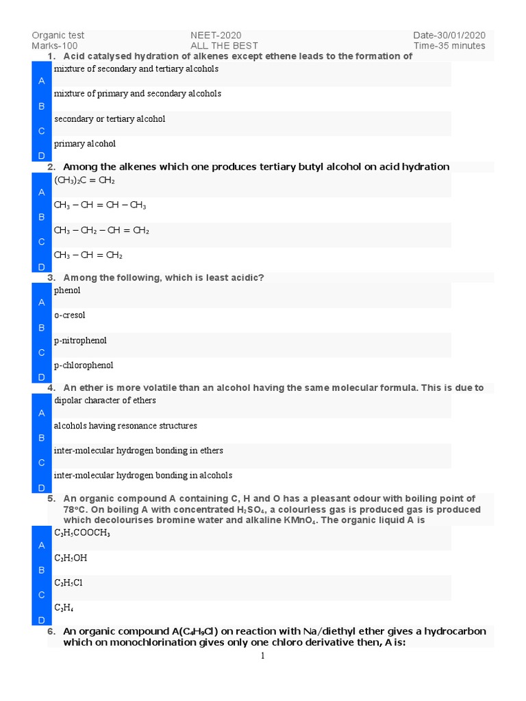 NEET 2020 Organic Chemistry Test | PDF | Alcohol | Ethanol