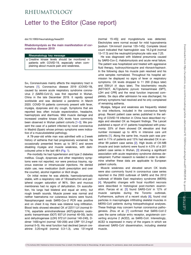 Letter To The Editor (Case Report) Rheumatology PDF Weakness