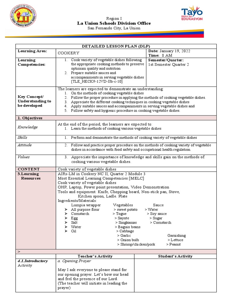 Detailed Lesson Plan for Vegetable Cookery | PDF | Cooking | Vegetables
